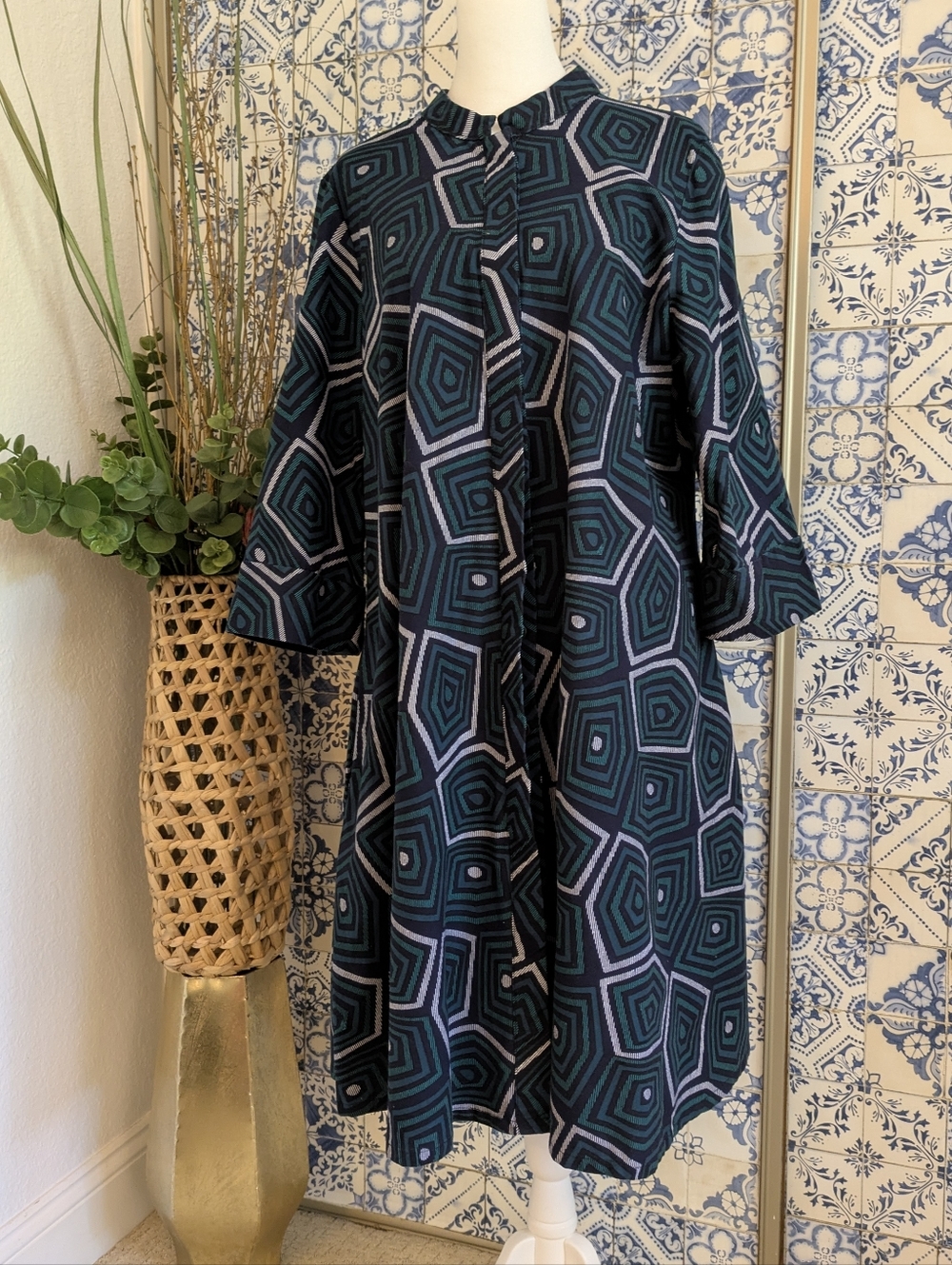 Zuri Geometric A-Line Women's Dress in Teal and Navy Sz L